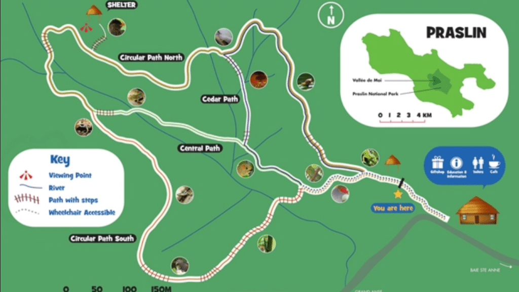 Karta över Vallée de Mai och dess vandringsleder